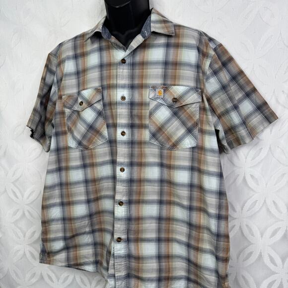 Carhartt Relaxed Fit Short Sleeve Plaid Striped Mens Size XL - Picture 2 of 6